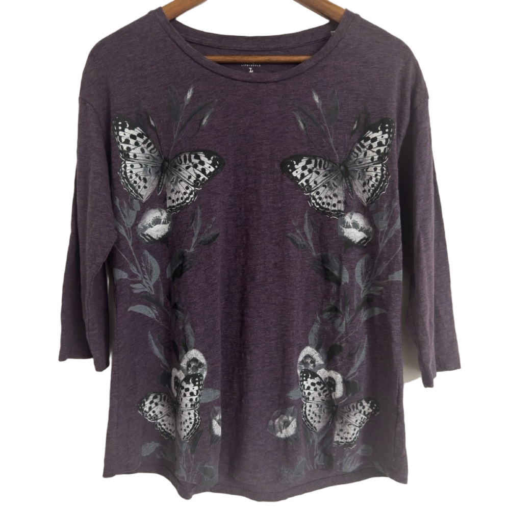 Sonoma Butterfly Print Purple 3/4 Sleeve Tshirt Women’s Large